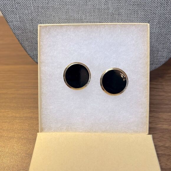 Handcrafted Minimalist Style Circular Gold Tone and Black Disc Pierced Earrings - Picture 5 of 5